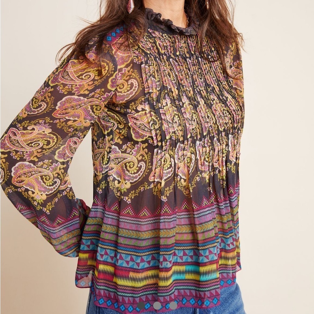 Anthropologie Tanvi Kedia Kyrie Pleated Blouse Ruffled High Neck Top Blouse XS